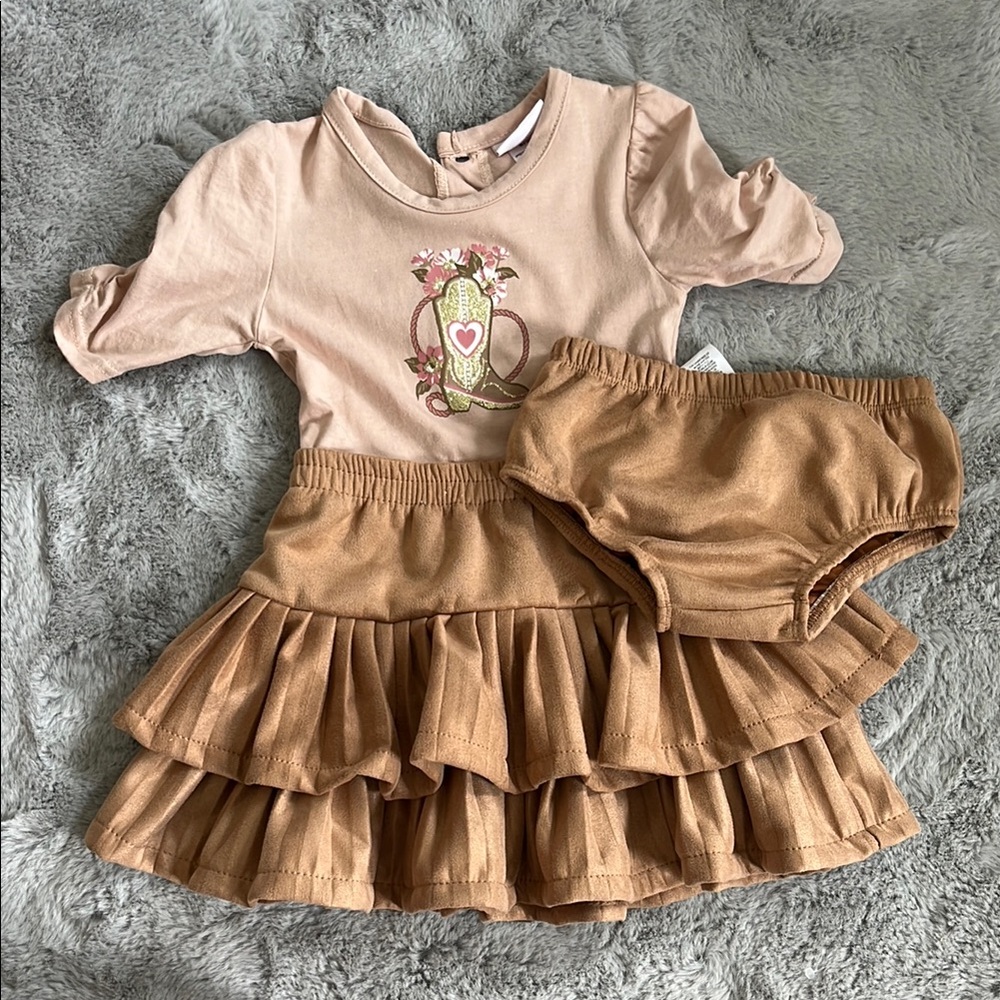 Adorable Tan Baby Outfit with Skirt and Bloomers
